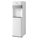 White bottom loading water cooler dispenser with three taps, front view