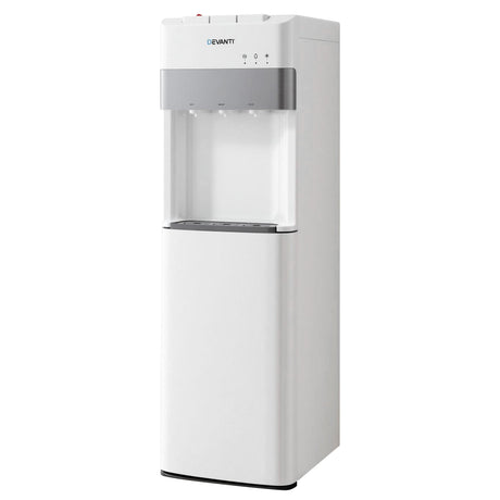White bottom loading water cooler dispenser with three taps, front view