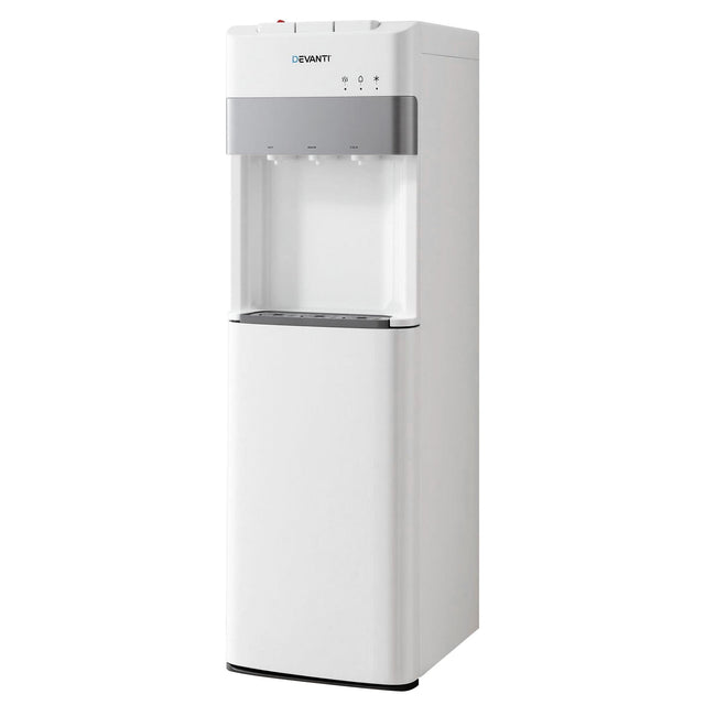 White bottom loading water cooler dispenser with three taps, front view