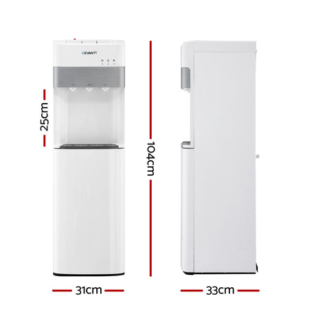 Three tap water cooler dispenser shown at an angle in white