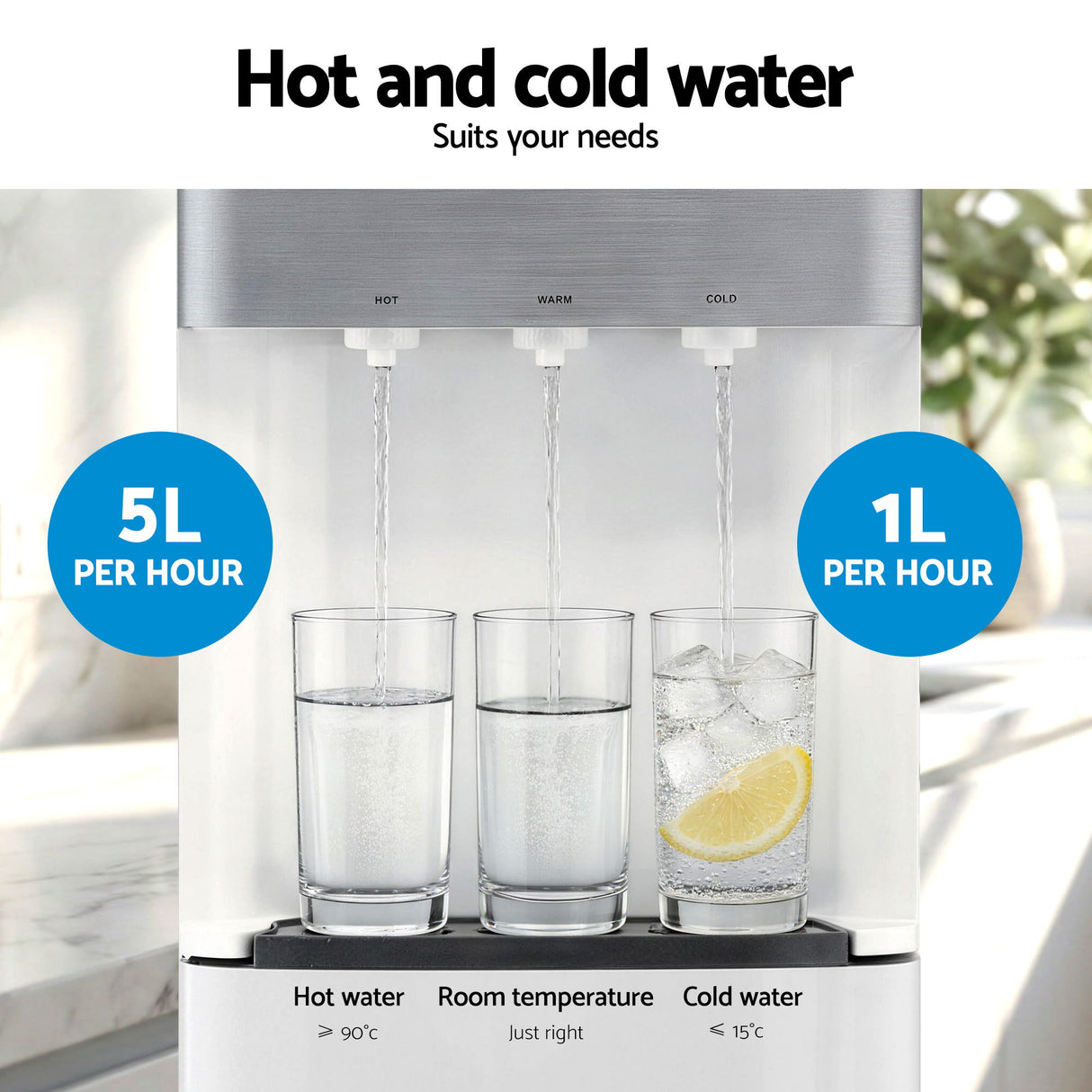 White three tap water dispenser standing in an office breakroom