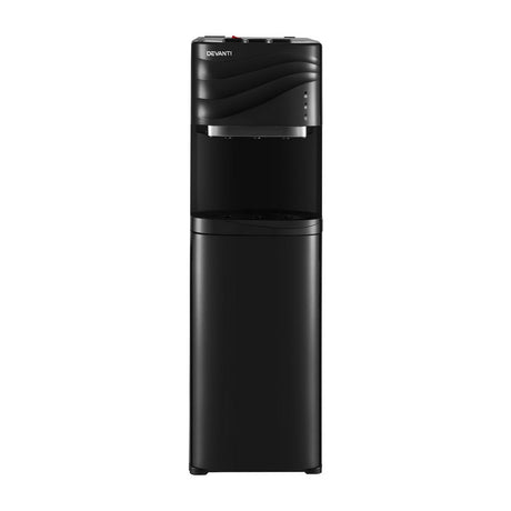 Rear view of black bottom load water cooler showing hot and cold on off switches