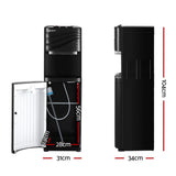 Front view of black floor standing water dispenser with LED indicators and push button taps