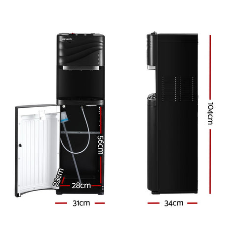 Front view of black floor standing water dispenser with LED indicators and push button taps