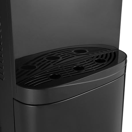 Cabinet door open showing bottom loading water bottle compartment on black dispenser