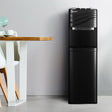Black bottom load water cooler dispenser standing 104 cm tall with hot and cold taps
