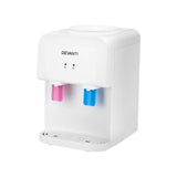 White bench top water cooler dispenser shown on a kitchen bench with a glass of water