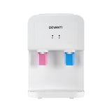 Front view of white top loading water cooler with LED indicators and push button taps