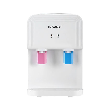 Front view of white top loading water cooler with LED indicators and push button taps