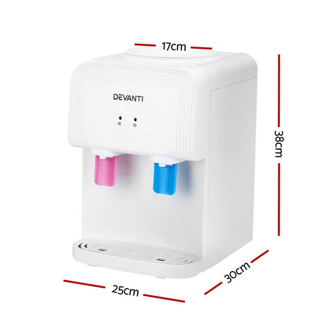 Side profile of compact bench top water dispenser measuring 25 x 30 x 38 cm
