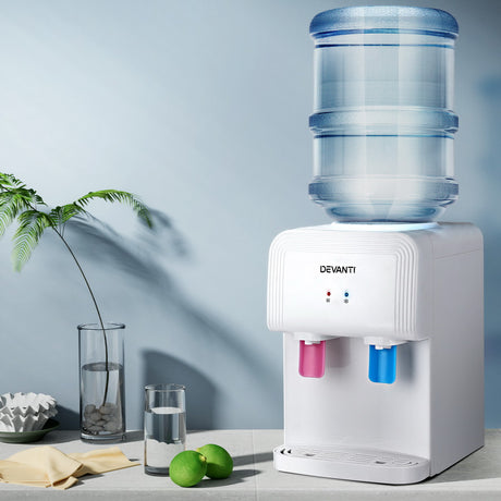 White bench top water cooler dispenser with dual hot and cold taps and removable drip tray