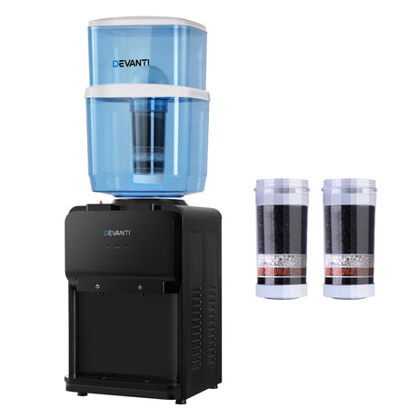 Black bench top water cooler dispenser with 22 L filter container on top