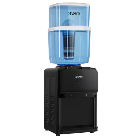Dual hot and cold taps with LED indicators on the black water cooler