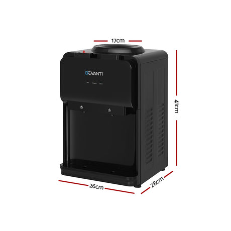 Black bench top water cooler in use on a kitchen bench