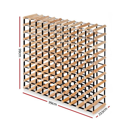 Natural timber and steel wine rack holding 110 bottles