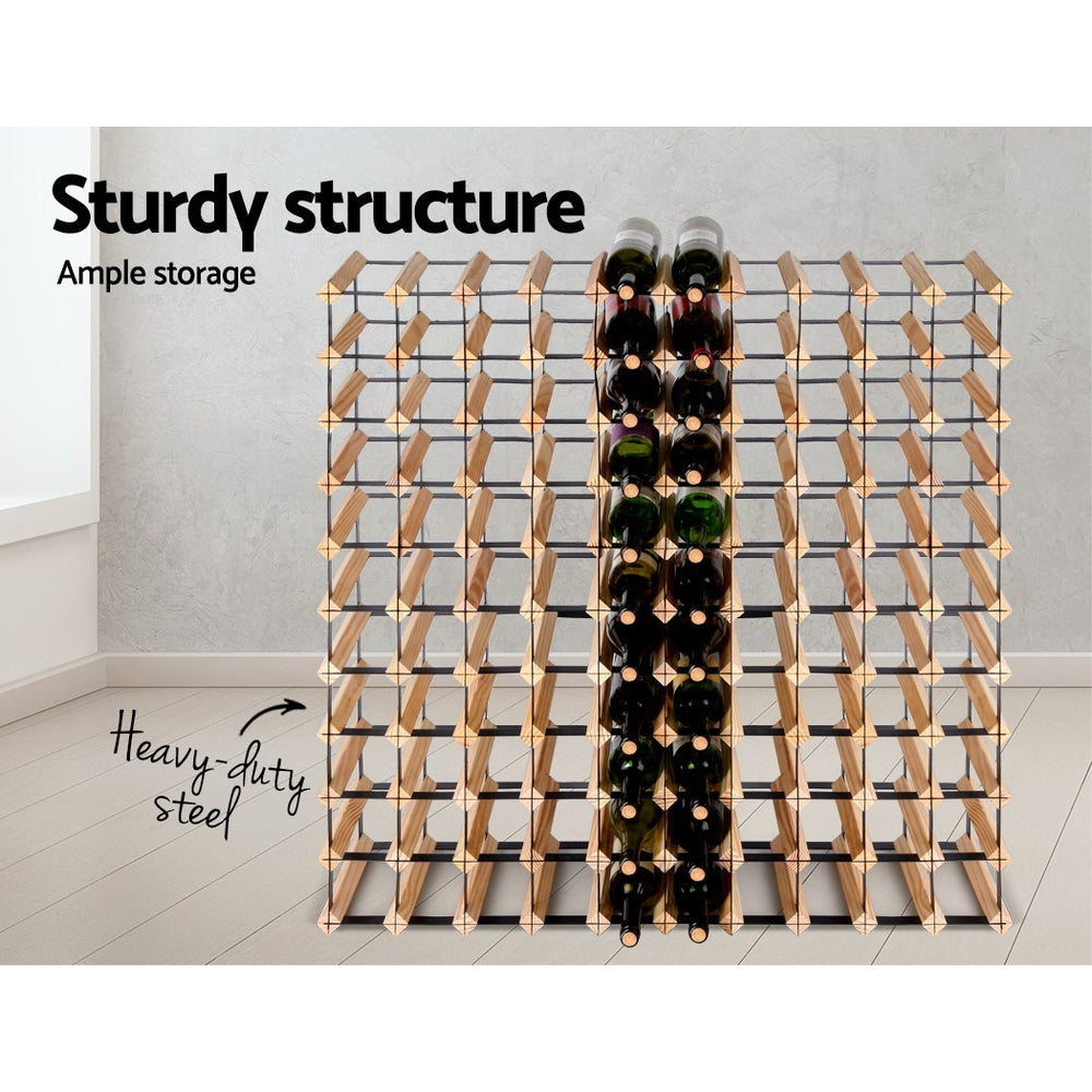 Natural timber and steel wine rack holding 110 bottles