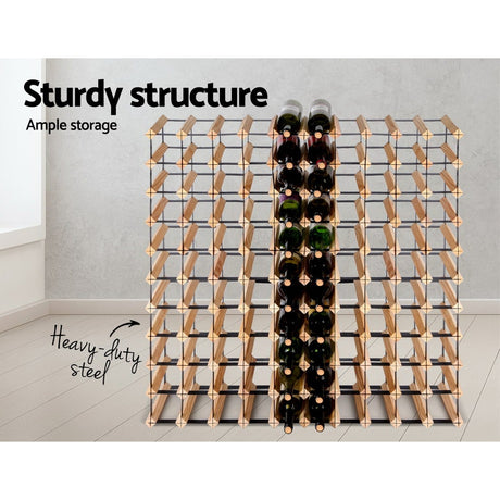 Natural timber and steel wine rack holding 110 bottles