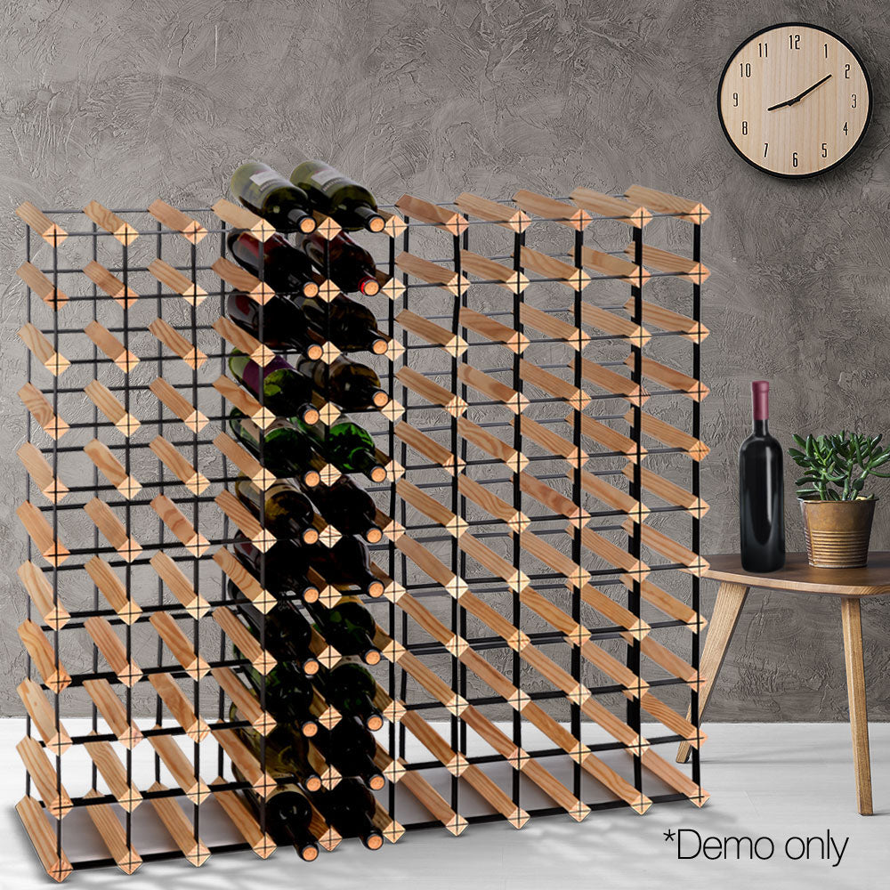 Natural timber and steel wine rack holding 110 bottles