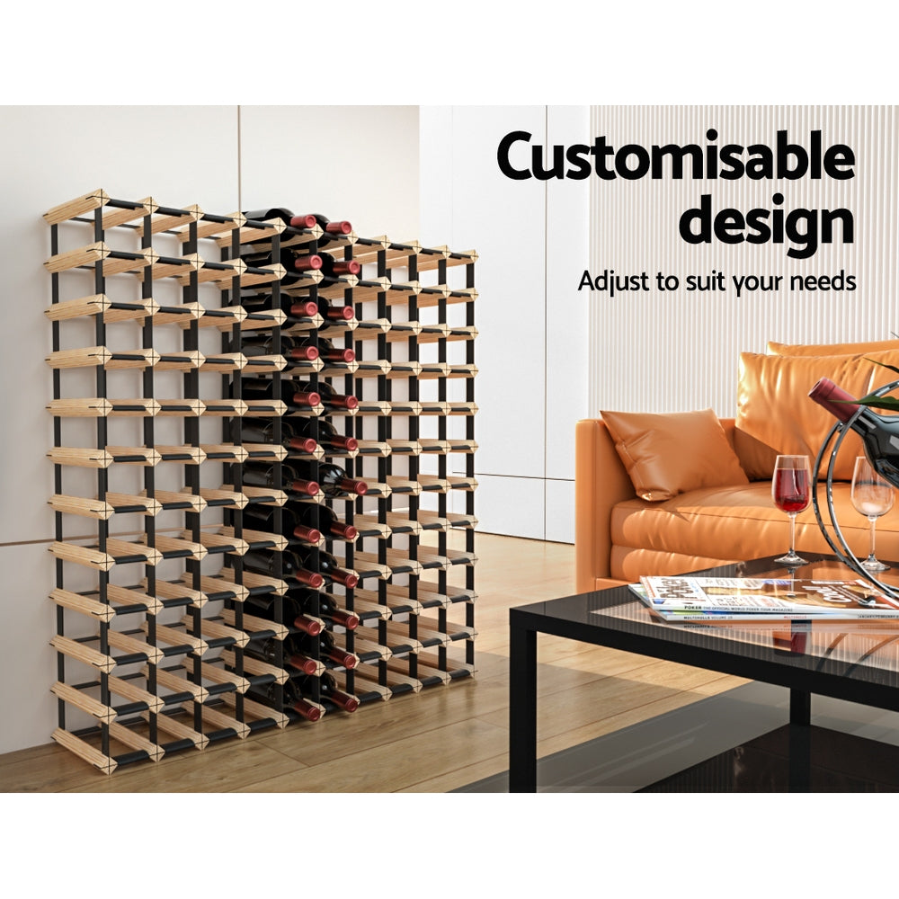 Natural timber and steel wine rack holding 120 bottles