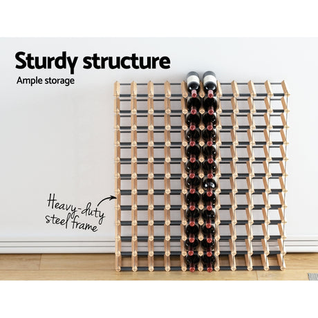 Natural timber and steel wine rack holding 120 bottles