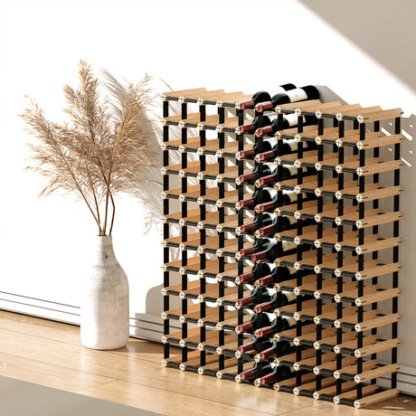 Natural timber and steel wine rack holding 120 bottles