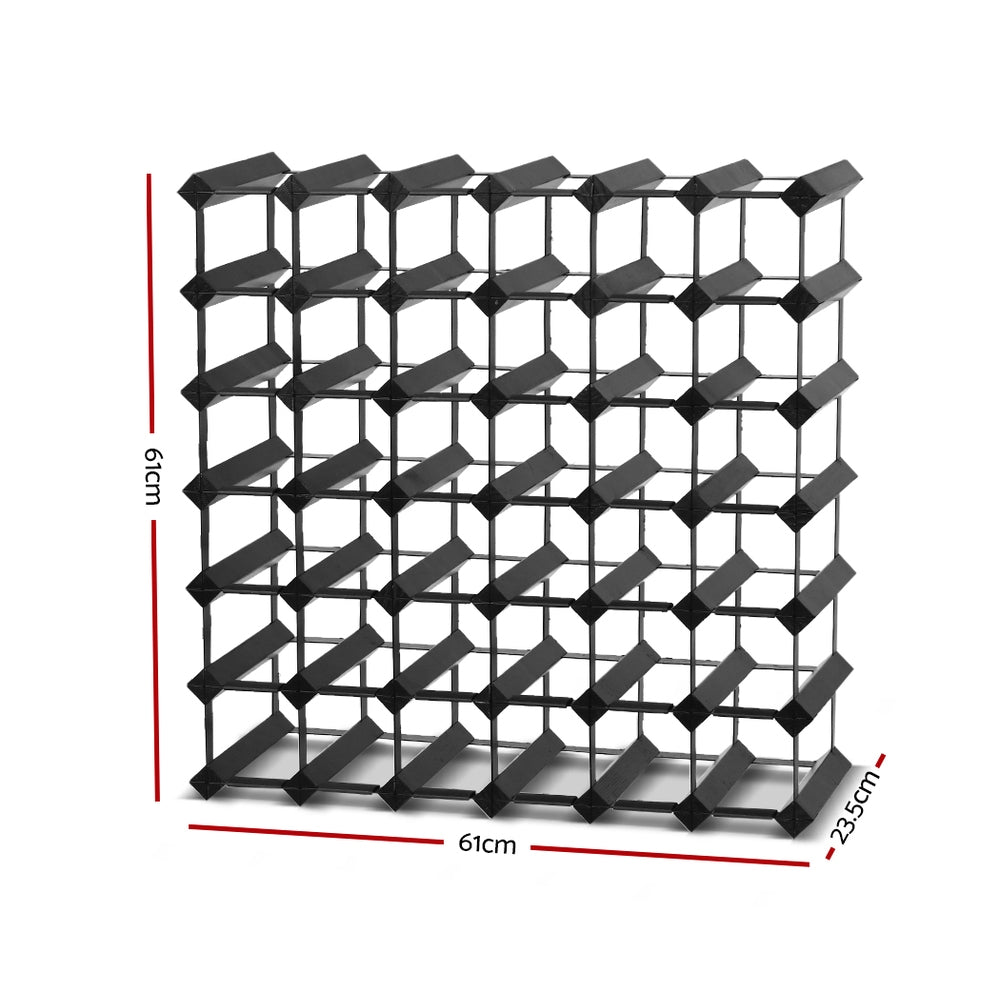 Black timber and steel wine rack holding 42 bottles