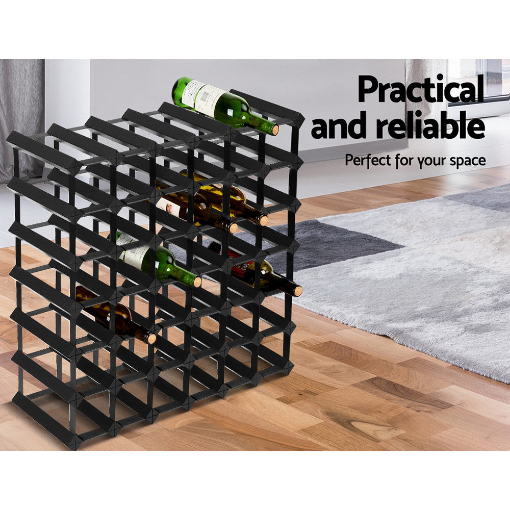 Black timber and steel wine rack holding 42 bottles