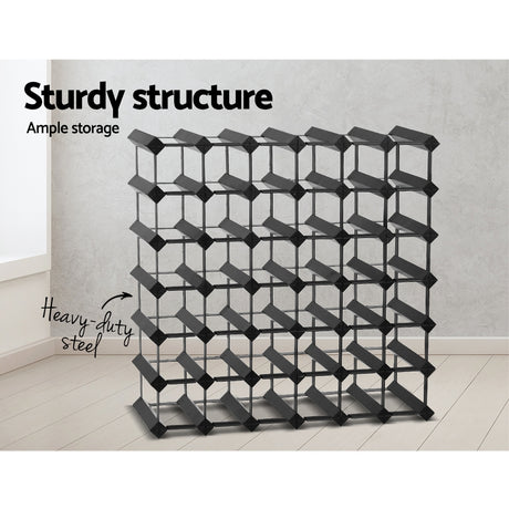 Black timber and steel wine rack holding 42 bottles