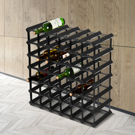 Black timber and steel wine rack holding 42 bottles