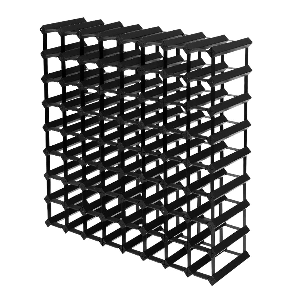 Black timber and steel wine rack holding 72 bottles