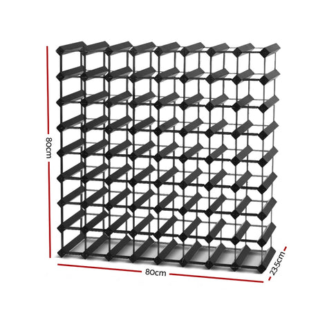 Black timber and steel wine rack holding 72 bottles