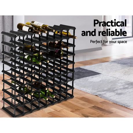 Black timber and steel wine rack holding 72 bottles