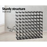 Black timber and steel wine rack holding 72 bottles