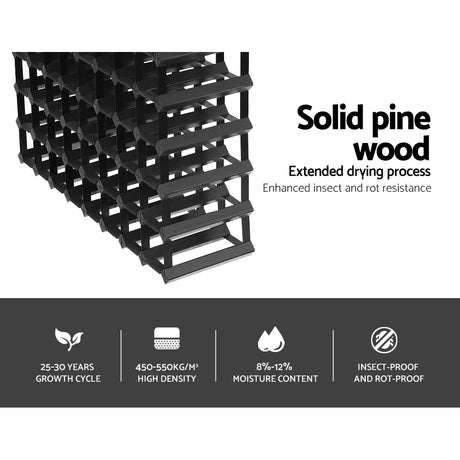 Black timber and steel wine rack holding 72 bottles