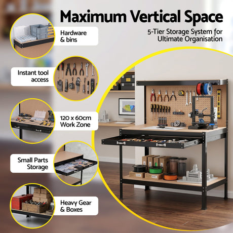 Grimsel Steel Workbench with Pegboard, 120cm, 20 Hooks