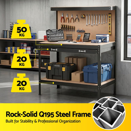 Grimsel Steel Workbench with Pegboard, 120cm, 20 Hooks