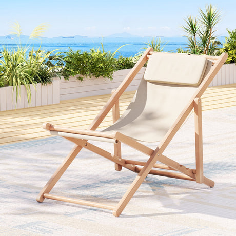 Gilston beige timber sun lounge in an outdoor setting
