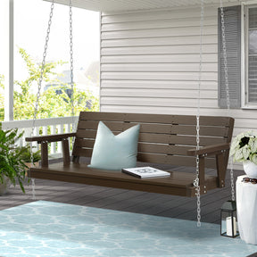 Wollumboola wooden porch swing chair seating three with metal chains on a porch