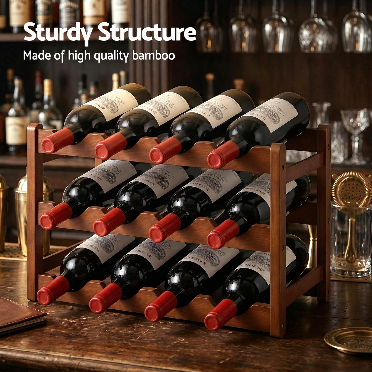 Bamboo Wine Rack 3 Tier Countertop 12 Bottle Walnut view 4