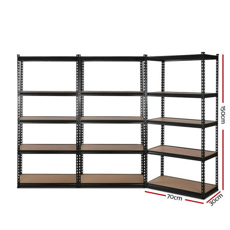 5 Tier Steel Storage Shelving Rack 3 Pack 70cm x 30cm x 150cm Matte Black