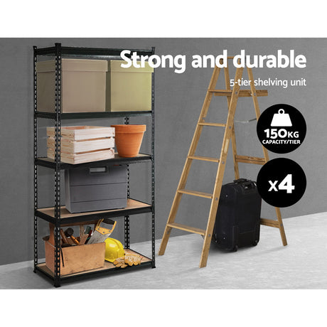 4 Pack 5 Tier Steel Storage Shelving Rack 70 x 30 x 150cm Black - view 3