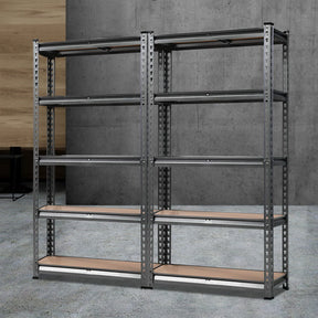 Pair of charcoal Arisaig five tier steel storage shelf racks for compact spaces