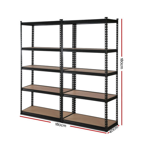 Pair of matte black Plockton five tier steel storage shelf racks for garage and warehouse view 2