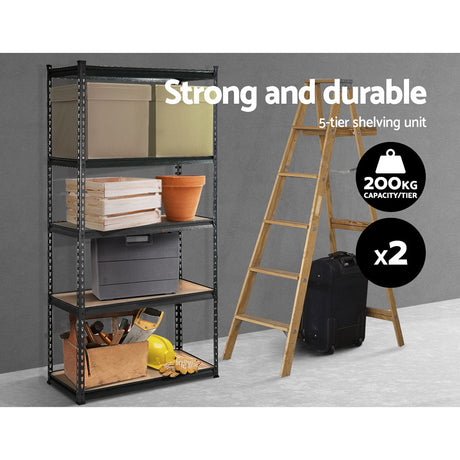 Pair of matte charcoal Plockton five tier steel storage shelf racks for garage and warehouse view 3