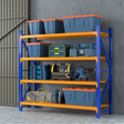 Downham four tier steel shelving unit in orange and blue