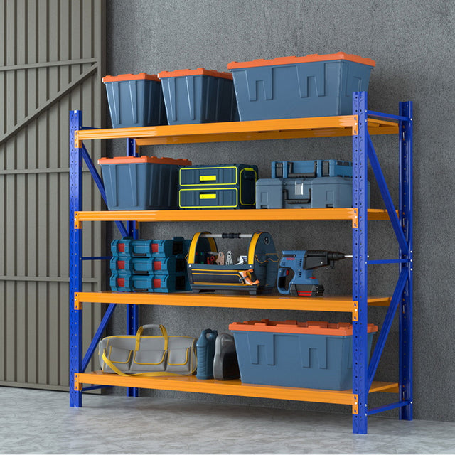 Downham four tier steel shelving unit in orange and blue
