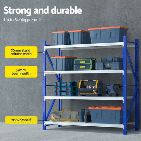 Warehouse Shelving Rack 4 Tier 200kg 2M x 2M 600mm Deep Blue and Grey