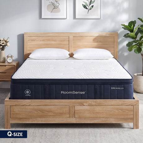 Corciano Oatmeal Queen bed frame in a modern bedroom