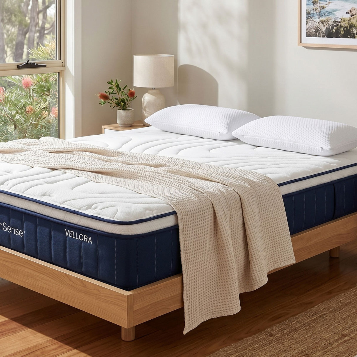 Medium firm hybrid pocket spring mattress with cooling pillows, 30cm queen