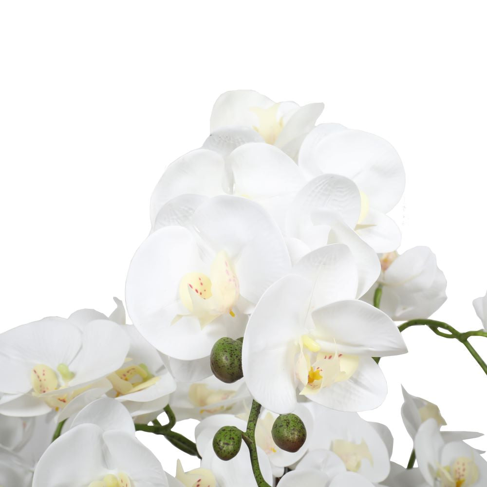 White artificial orchid close-up showing detailed bloom and petal texture — Allure Home Collections